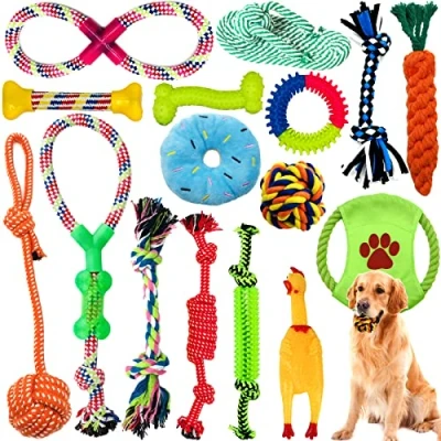 Image de Amzeeniu Jouet pour Chiens,Ensemble Lot de16PCS à Mâcher Corde Interactif Chien Balle,Pet Rope Chew Toy Nettoyage de Dents Molaires Jeux Chiot Petits/Moyens