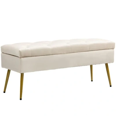 Image de HOMCOM Banc avec Espace de Rangement, rembourré Couvercle, lit Aspect Velours, pour Couloir Chambre à Coucher Salon, Cadre métallique 102 x 35 43 cm Beige