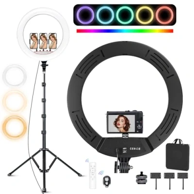 Image de Ekasoco Ring Light Lumière Annulaire LED de 18 Pouces avec Trépied et 3 Supports pour Téléphone, 26 Modes RVB 2700K 7000K Ringlight Trepied Dimmable Streaming en Direct, Appareil Photo, Selfie