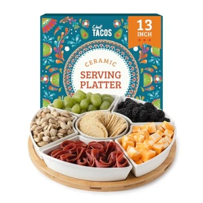 Image de Chef Tacos Plateau Aperitif en Céramique, Tournant Compartimenté pour Collation Lazy Susan Ensemble de Service Apero Les Entrées et Desserts fête, Salsa (33 cm)