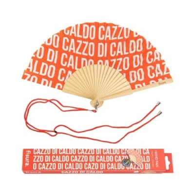 Image de Fisura Éventail Original avec Le Message C*zzo di Caldo. Moderne en Bois et Amusant. Rouge Motif. Cordon pour éventail. Dimensions : 42,5 x 23 cm.