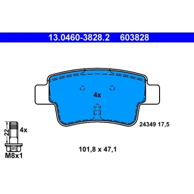 Image de ATE 13.0460 3828.2 Jeu de plaquettes frein non préparé pour indicateur d&#039;usure, contact signal d&#039;usure exclu avec vis d&#039;étrier