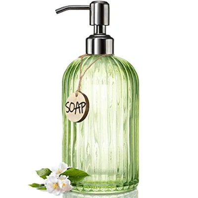 Image de JASAI Distributeur de Savon Vert à Rayures Verticales avec Pompe en Acier Inoxydable 304 Rechargeable pour Salle Bain, Cuisine, Les Mains, Vaisselle (Vert Clair)