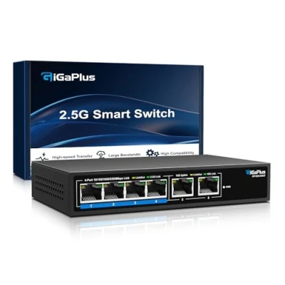 Image de 6 Ports 10Gb Unmanaged Ethernet Switch with 4*2.5G Base T Ports, 2*10G RJ45 Ports. 60Gbps Switching Capacity, GiGaPlus 10Gbps Network for 2.5G/10Gbps NAS/PC, WiFi6 Router, Wireless AP
