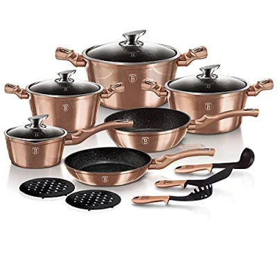 Image de Berlinger Haus, Batterie de Cuisine 15 Pièces, Collection Rose Gold, revêtement en marbre antiadhésif à 3 couches, Poignée touche souple ergonomique, Pour tous feux