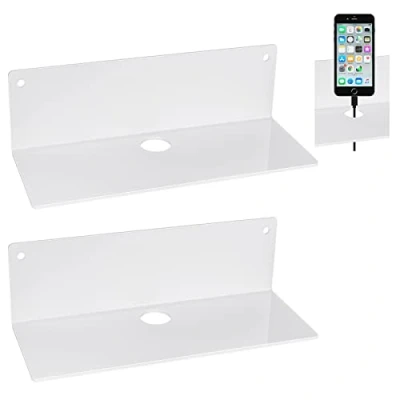Image de 2 Pièces Étagères Murales Flottantes Acrylique Tablettes Étagère de Douche Murale Rectangulaire avec Trous et Vis pour Salon Chambre Cadre Photo Bibelots(Blanc)