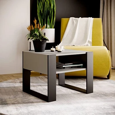 Image de MRBLS Table basse Design rustique moderne de salon d&#039;appoint à thé en bois (gris mat noir mat) 65 x 45 53,6 cm (l H P)