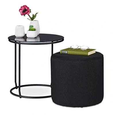 Image de Relaxdays d’appoint, Table Basse Ronde avec Tabouret, Peu encombrant, Verre et métal, 40x40 cm, Noir, 1 pièce