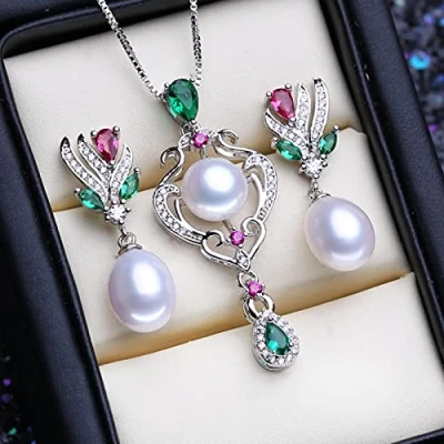 Image de LOKILOKI Ensembles De Bijoux en Perles d&#039;eau Douce Naturelles Argent Sterling 925 pour Femmes Boucles d&#039;oreilles D&#039;émeraude Rubis Collier Pendentif