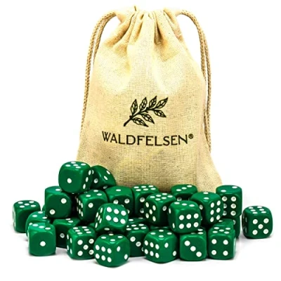 Image de Waldfelsen Lot de 6, 12, 20, 30 ou 50 dés haute qualité taille standard 16 mm en acrylique Cube jeu Dice à 6 côtés Accessoires six avec sac tissu (vert, pièces)
