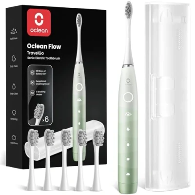 Image de Oclean Flow TravelGo Brosse à Dents électrique, 5 Modes avec Sensitive, Électrique Sonique, 180 Jours Autonomie, Minuterie &amp; Rappel 30s, 3 Brossettes Étui Voyage Vert Sapin Set