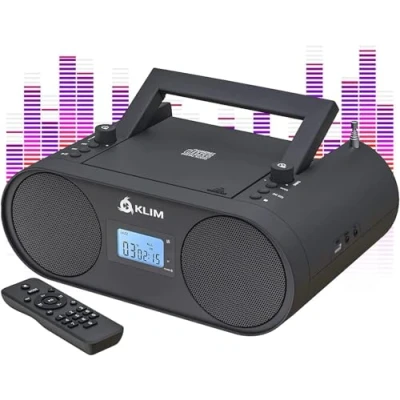 Image de KLIM Boombox B4 Poste Radio CD Portable + AM/FM, CD, Bluetooth, USB, MP3 Mode Filaire et sans Fil avec Piles Rechargeables Télécommande, Veille Auto Lecteur Noir