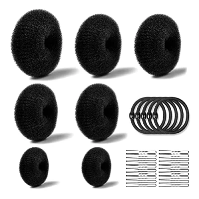 Image de 7 Pcs cheveux Donuts Chignons Épingle à Cheveux(4taille),avec 10 Elastiques et 20 U clip, Donut Coiffure pour tous les types de longs (Black)