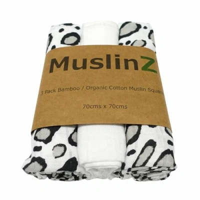 Image de MuslinZ Lot de 3 Lange Mousseline pour bébé 70 x cm Bambou/Coton Bio imprimé léopard