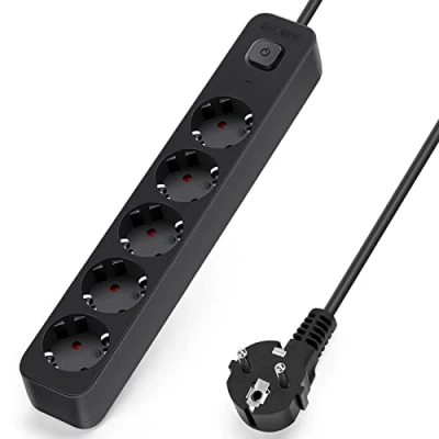 Image de Aigostar Multiprises 5 Prises Extension d&#039;alimentation de Mètre Câble et Interrupteur Sécurité Enfant Noir Prise Type Allemand