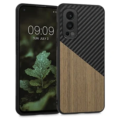 Image de kwmobile Coque Compatible avec OnePlus Nord 2 5G Housse en Bois et Fibre Carbone Brun foncé Noir