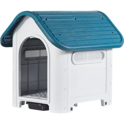 Image de Lanco Niche pour Petits Chiens avec Toilettes. Utilisation intérieure et extérieure aérations. Matériau résistant. 75x59x66cm. Bleu Blanc.