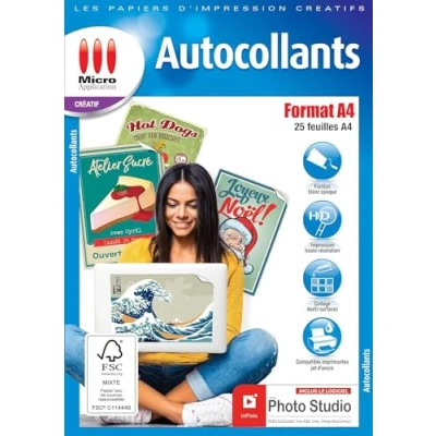 Image de Papier Autocollant Imprimante 25 Feuilles Adhésif Blanc Mate, Format A4, Imprimables, Personnalisable, Adhèrent, Facilement Détachable, Impression Laser et Jet d&#039;Encre Micro Application
