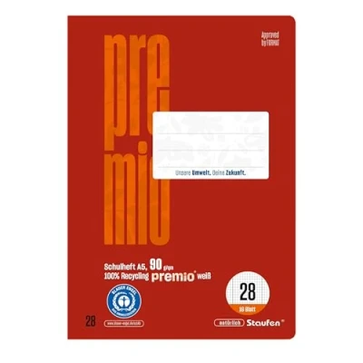 Image de Staufen premio Lot de 10 cahiers 16 feuilles chacun, format A5, linéature 28 (quadrillage 5 mm avec bordure), papier recyclé 90 g/m², coins arrondis pour éviter les « oreilles d&#039;âne »