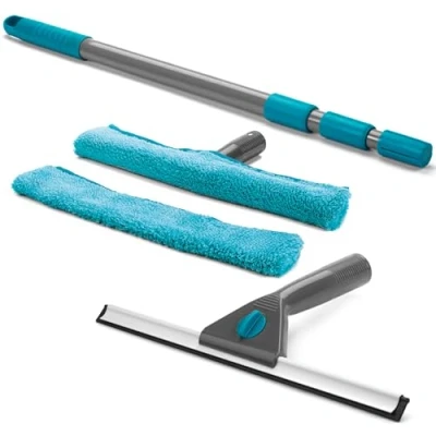 Image de Beldray LA028693TQ Kit de Nettoyage Fenêtres, 5 Pièces, Manche Télescopique Extensible 1.3 M, Tète Interchangeable, Raclette Squeegee en Caoutchouc, 2 Serpillères Microfibre Lavables Machine
