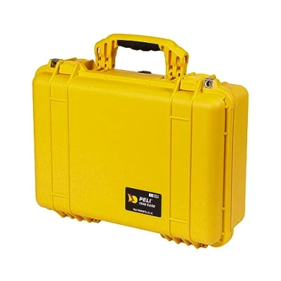 Image de PELI 1500 valise antichoc pour caméra, drone et équipement électronique, étanche IP67, capacité de 19L, fabriquée en Allemagne, avec insert mousse personnalisable, jaune