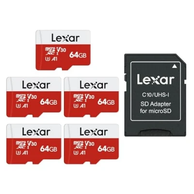 Image de Lexar Carte Micro SD 64 Go Lot de 5 Cartes, Mémoire SD+ Adaptateur, Microsdxc TF jusqu&#039;à 100 Mo/s, A1, U3, C10, V30, Full HD et 4K UHD pour Caméra, Telephone, Switch