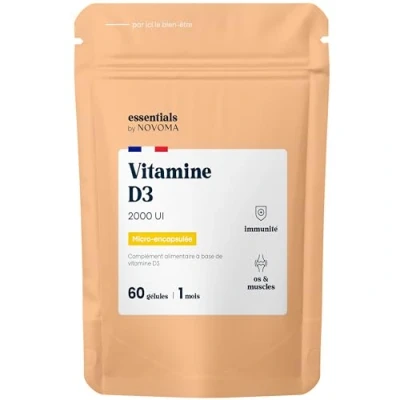 Image de Vitamine D3 1000 UI, Cure de 2 mois, Renforce le Système Immunitaire, 60 Gélules Végétales, D3V® Brevetée et Végétale Micro Encapsulée, Fabriqué en France, Essentials by Novoma