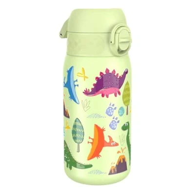 Image de Ion8 Gourde Enfant Inox 400ml, Anti Fuite, Facile à Ouvrir, Verrouillage Sécurisé, Lavable au Lave Vaisselle, Poignée de Transport, Nettoyer, Durable, Acier Inoxydable, Design Dinosaures