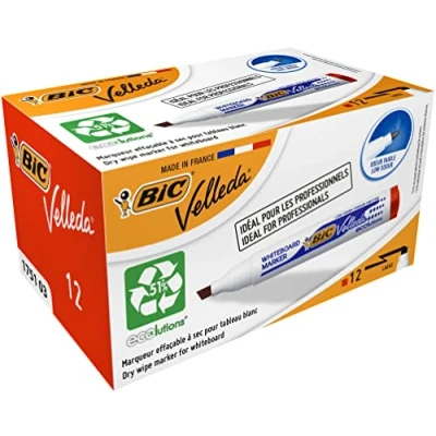 Image de BIC Velleda 1751 ECOlutions Feutres pour Tableau Blanc Effaçables à Sec Pointe Large Biseautée Rouge, Boîte de 12
