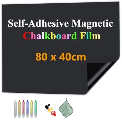 Image de JOMUSAG Tableau Noir Magnetique effaçable Autoadhésif, 80 x 40 cm Papier Noir, Adhesif Autocollant pour la Maison, le Bureau, Etudiants incluent Craie, Chiffon et Aimants