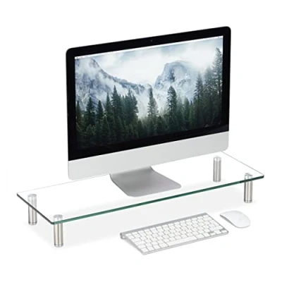Image de Relaxdays Support écran Verre, Plateau TV, de Notebook, réglable en Hauteur 9 à 11 cm, l x p 70 24 cm Transparent