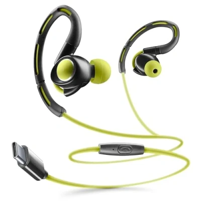 Image de cellularline Écouteurs intra Auriculaires Sport USB C Bluetooth Bandeau pour Plus de stabilité Microphone intégré Bouton réponse aux appels Lime