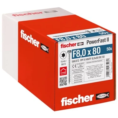Image de fischer Tirefond PowerFast FPF II HWTF 8,0x80 revêtement zingué, Filetage Total, tête hexagonale avec Empreinte Torx/Boîte de 50