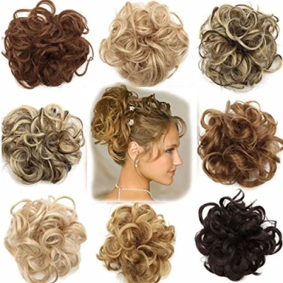 Image de Postiche Extensions a clip cheveux naturel Scrunchy Chignons VOLUMINEUX Bouclés Ou Chignon Décoiffé Différentes Couleurs blond foncé mix de blanchiment