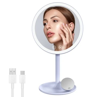 Image de EMKE Miroir de Maquillage avec éclairage, cosmétique LED 3 Couleurs lumière, Pratique grossissement 1/3x, luminosité Variable et Interrupteur Tactile (Bleu