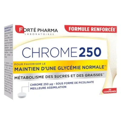 Image de Forté Pharma Chrome 250 Complément alimentaire aide Minceur &amp; Régulation de glycémie Picolinate chrome, Fringales, Anti grignotage, Contrôle l&#039;appétit 60 comprimés, 2/jour