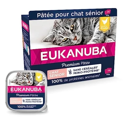 Image de EUKANUBA Grain Free pour Chat Senior Pâtée Premium Sans CEREALES gluten Faible teneur en graisses Riche Poulet et enrichie Taurine 12 barquettes aluminium de 85 g