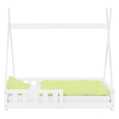 Image de ML Design Lit d&#039;enfant Tipi Blanc avec Protection Contre Les Chutes en Bois de Pin Massif 140x70 cm Sommier á Lattes et Grille Sécurité Style Maison Indien Tente Jeu pour Enfants