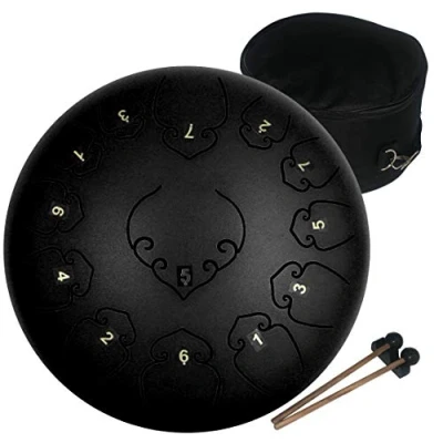 Image de Amkoskr 12 Pouces 30cm Tambour de Langue en Acier à Clé C 13 Tons Main Instrument Percussion avec Maillets Tambour/Sac Transport(Noir)