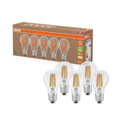 Image de OSRAM Lampes LED très efficaces avec classe d&#039;efficacité énergétique A, Pack avantage 5 ampoules, remplace les ampoules à incandescence 100W, blanc chaud, E27,verre filament