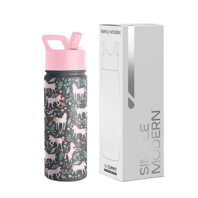 Image de Simple Modern Bouteille d&#039;Eau pour Enfants avec Paille Gobelet Thermique en Acier Inoxydable Isolé Réutilisable Garçons et Filles Summit Collection 530ml Unicorn Fields