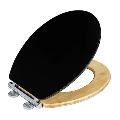 Image de WENKO Lunette WC Bambusa Système de Fermeture Automatique Easy Close MDF et Bambou Installation Rapide, Fix Clip Résistant à l&#039;humidité Abattant 37 x 44 cm Naturel/Noir