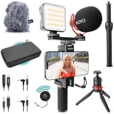 Image de Movo iVlogger Pro Kit de Vlogging pour iPhone/Android Démarrage Youtube Créateurs Contenu Accessoires : Trépied Téléphone, Support Lumière RGB et Micro VXR10
