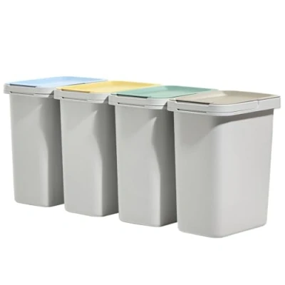 Image de KADAX Kit de poubelle pour tri des déchets, système sélectif, robuste avec couvercle étanche, en plastique (blanc, 4 x 12 l)