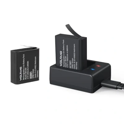 Image de WOLFANG Caméra d&#039;action Batterie Rechargeable 1350 mAh (2 pièces) avec Chargeur USB Cargador GA100/GA200/GA300/GA320 (GB1350)