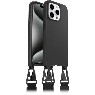 Image de Otterbox React Lanyard Coque avec MagSafe pour iPhone 15 Pro, de Protection Ultra Fine Collier, Sangle réglable et Amovible, testé Selon Les Normes Militaires, Noir, Livré sans Emballage