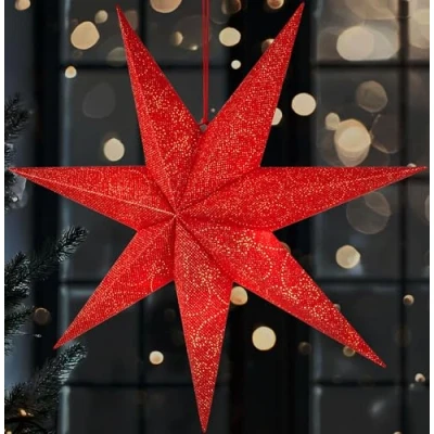 Image de BRUBAKER Étoile de Noël 60 cm pour Intérieur l&#039;Avent LED Suspendue 3D Lumineuse en Papier à Suspendre Décoration Fenêtre et Illuminable avec Pile Rouge