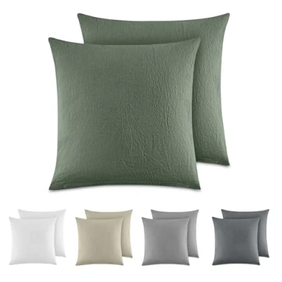 Image de Dreamzie Taie Oreiller 80x80 Coton (Lot de 2) Taies d&#039;Oreillers 100% Lavé Aspect Lin, Housse Coussin avec Fermeture Eclair, Vert, Certifié Oeko Tex