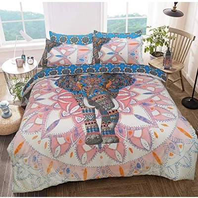 Image de Sleepdown Housse de couette réversible avec motif d’éléphant et Mandala Entretien facile, Tissus doux hypoallergéniques taies d’oreiller, Coton Polyester, rose/bleu, King