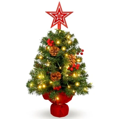 Image de Uten Petit Sapin de Noel, 60 cm Mini Noel Lumineux, avec 6 Groupes Baies Rouges, Pommes Pine, Etoile et 50 LED Guirlandes Lumineuses pour Bureau, Salon, Rebord Fenêtre, Décoration Noël Bureau